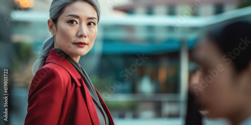 Successful mature asian business woman, female POC in confident strong pose generative AI