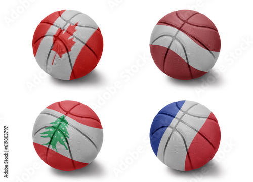 basketball balls with the national flags of france canada lebanon latvia on the white background. Group h