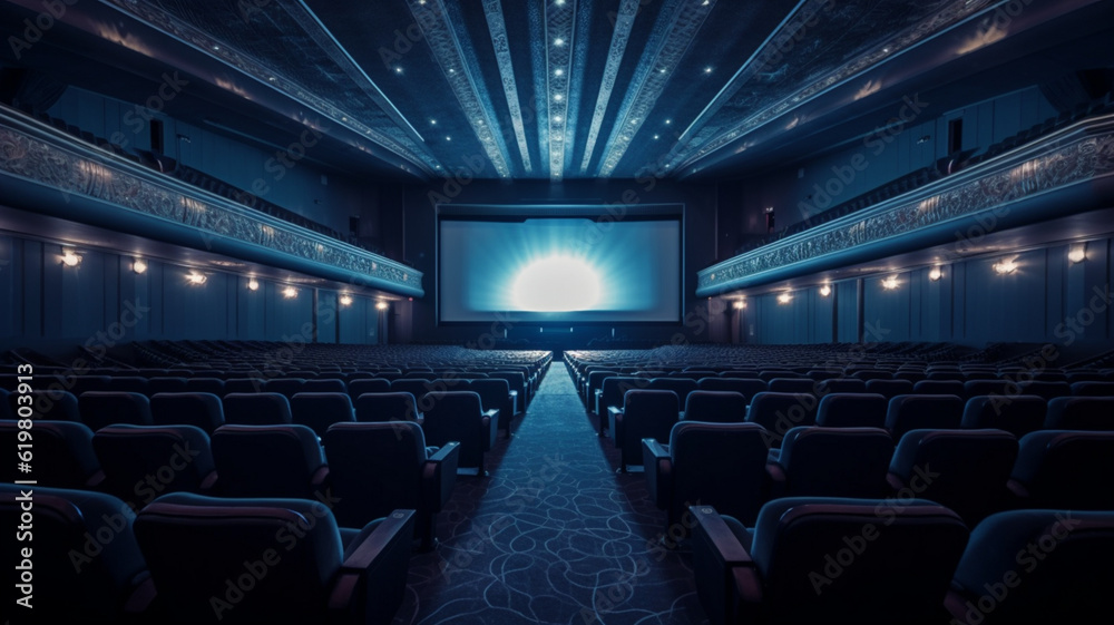 Empty hall of modern cinema in blue colors Empty hall of modern cinema in blue colors