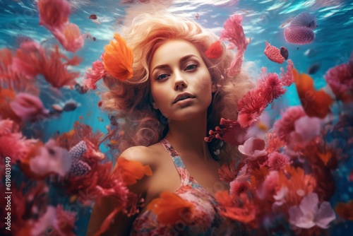 Portrait of beautiful woman swimming underwater. Female person floating under sea water with magical plants and flowers