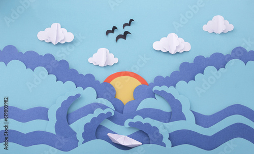 Paper art sea with sky and cloud made of paper cut. concept holiday summer.