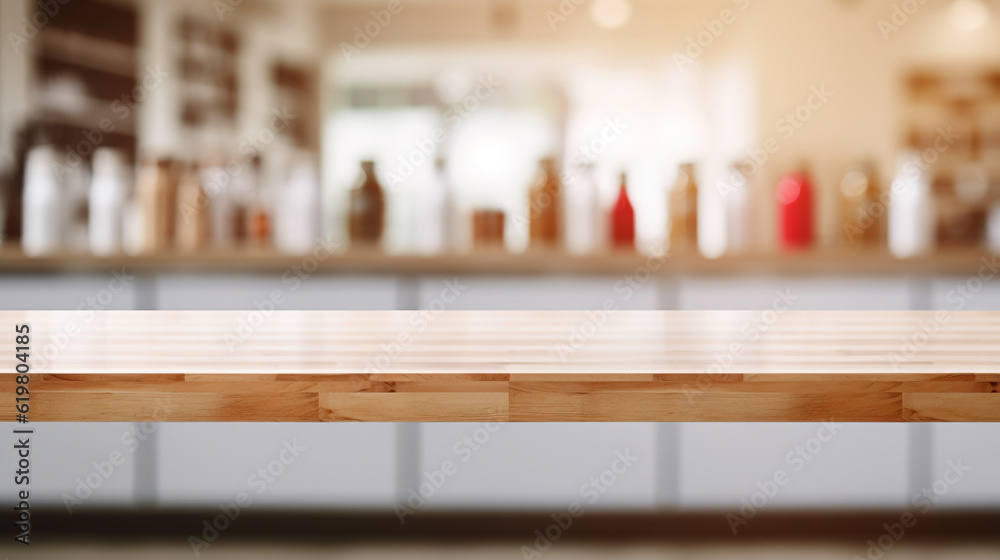 A clean and minimalist composition featuring an empty wooden table as the focal point, with a blurred background of supermarket shelves and products, Generative AI	

