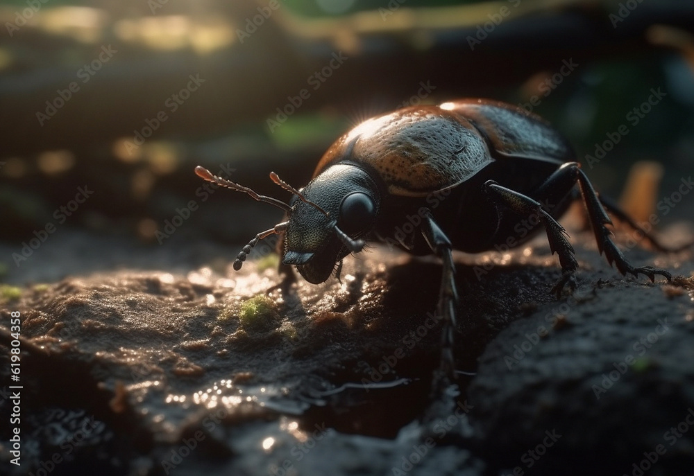 Closeup, dung beetle and bug in nature forest for biology, sustainability and ai generated insect Closeup, dung beetle and bug in nature forest for biology, sustainability and ai generated insect