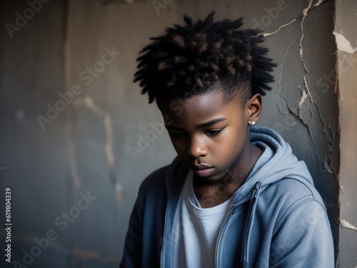 Lonely african american teenager boy against an urban old wall. Young homeless boy. Generative AI