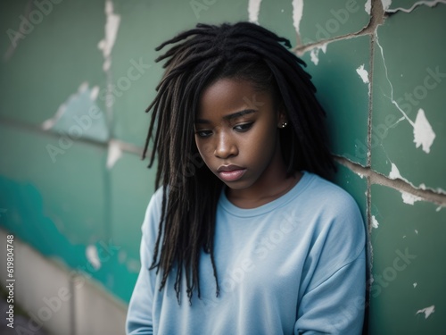 Lonely african american teenager girl against an urban old wall. Young homeless girl. Generative AI