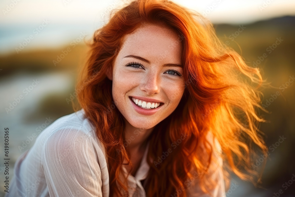 Portrait of a beautiful young red haired woman, her candid laughter radiating joy and a sense of vitality in a natural setting Portrait of a beautiful young red haired woman, her candid laughter radiating joy and a sense of vitality in a natural setting