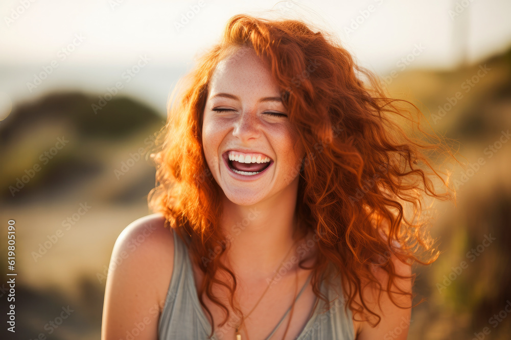 Portrait of a beautiful young red haired woman, her candid laughter radiating joy and a sense of vitality in a natural setting Portrait of a beautiful young red haired woman, her candid laughter radiating joy and a sense of vitality in a natural setting
