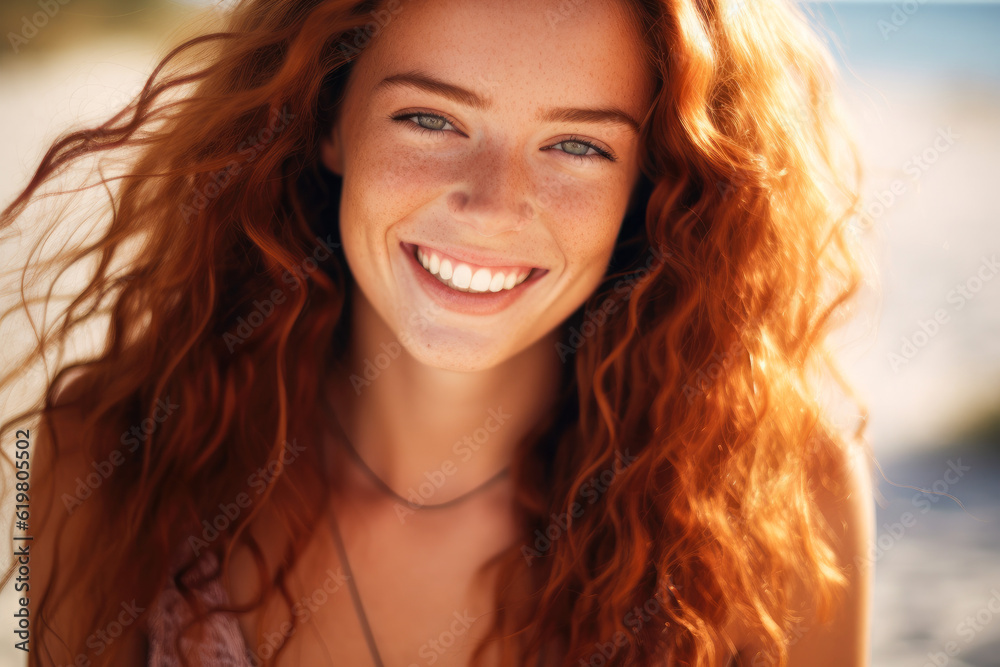 Portrait of a beautiful young red haired woman, her candid laughter radiating joy and a sense of vitality in a natural setting Portrait of a beautiful young red haired woman, her candid laughter radiating joy and a sense of vitality in a natural setting
