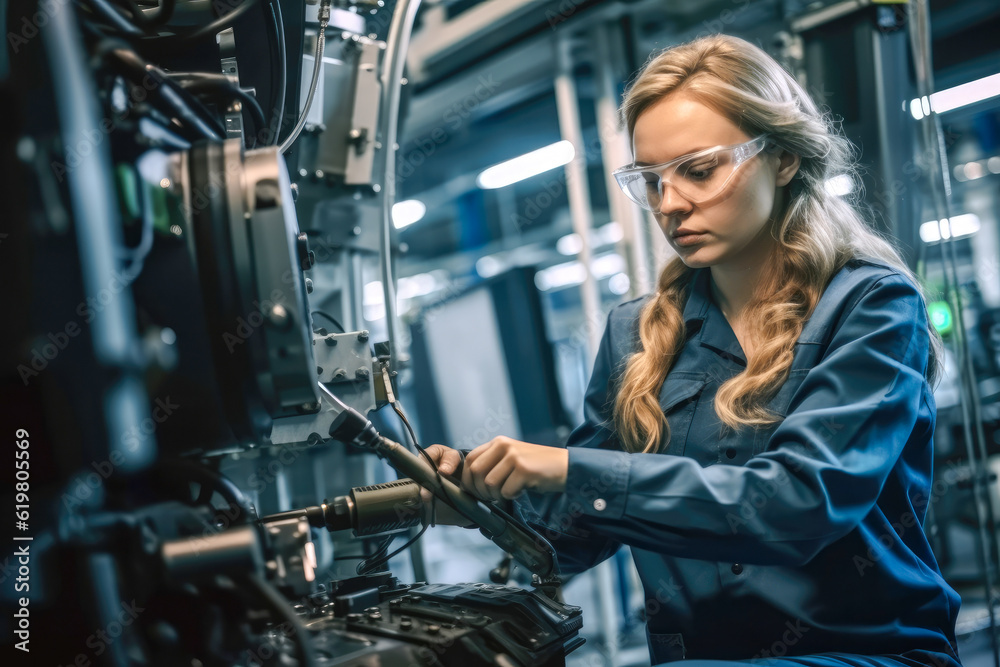 Confident female worker skillfully operating high-tech machinery in a modern automotive manufacturing setting Confident female worker skillfully operating high-tech machinery in a modern automotive manufacturing setting