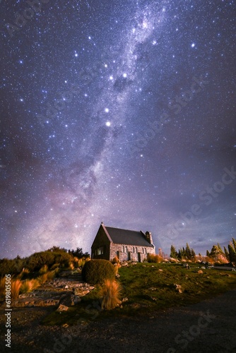 The Milky Way rises over the back of the Church of the Good Shepherd in Lake Tekapo, New Zealand. 