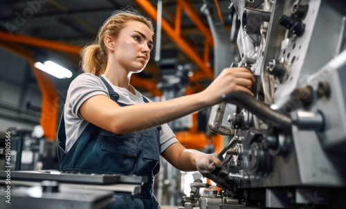 Confident female worker skillfully operating high-tech machinery in a modern automotive manufacturing setting