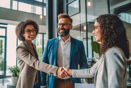 Couple shaking hands with a real estate agent after purchasing a home, showing pride and excitement associated with new home ownership photo