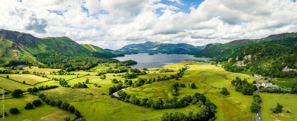 Derwentwater Lake from a drone, Portinscale, Keswick, Lake District, Cumbria, England