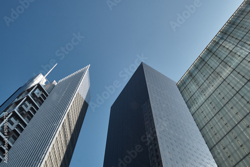 low angle view of the imposing building of the finance area, taken in the Defense sector, Paris, France