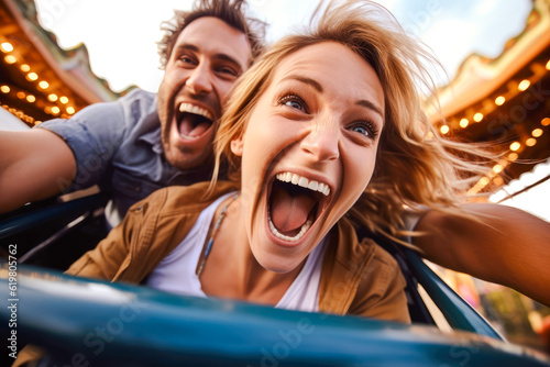 Excited couple enjoying a thrilling, high-speed ride at an amusement park, their laughter symbolizing the fun of a summer vacation © MVProductions