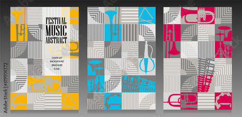 Abstract music cover set. Mosaic pattern design. Stripes and musical instrument silohuettes. Modern wall art, poster, brochure, flyer. Gray tone and yellow, cyan and magenta colors background. photo