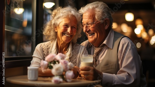 Beautiful sweet happy retired gray haired senior couple laughing, smiling, seating in coffe , ai generative
