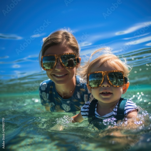  two children swimming in sea, ai generative © nataliya_ua
