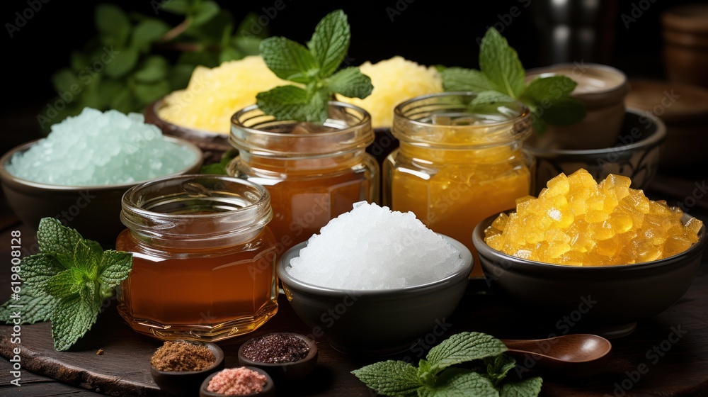 Variety of sweeteners - Stevia, sugar, pollen and honey, ai generative Variety of sweeteners - Stevia, sugar, pollen and honey, ai generative