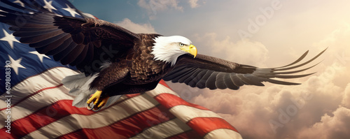 Bald Eagle fly with American flag, generative ai