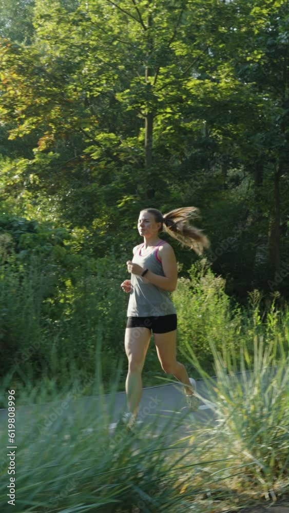 Vertical Screen: Slow motion fit woman wearing top and shorts jogging on sunny morning in park. Tracking shot active female exercising outside. Concept of healthy lifestyle Vertical Screen: Slow motion fit woman wearing top and shorts jogging on sunny morning in park. Tracking shot active female exercising outside. Concept of healthy lifestyle