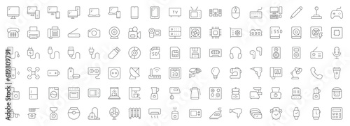 Electronics line icons. Vector illustration include icon - hardware, keyboard, disk, hvac, kitchen appliances, headphones, router, chip, computer outline pictogram for home devices. Editable Stroke
