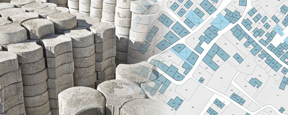 Stack of concrete self-locking flooring blocks on wooden pallet in a ...
