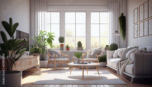 beautiful interior design with sofas  scenery  and plant Generative Ai technology