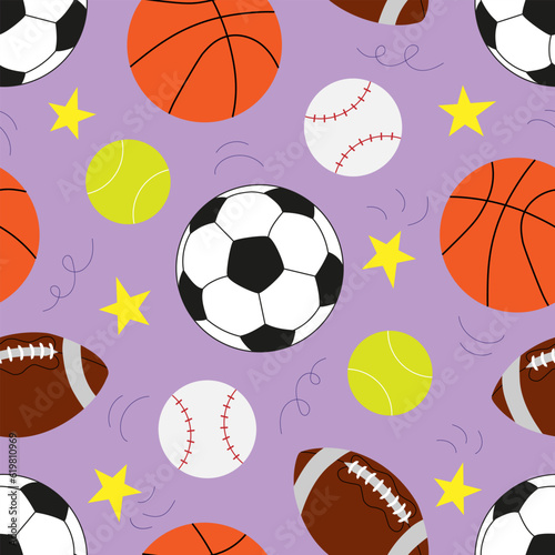 Vector seamless pattern with soccer balls, basketball, American football ball, tennis ball and baseball in cartoon style