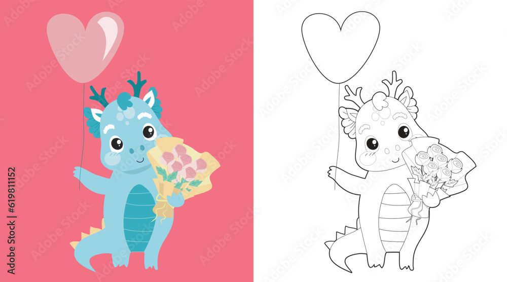 Coloring baby dragon brings a bucket of flowers and heart balloon. Cute dragon vector illustration. Coloring activity for children. Printable educational coloring worksheet. 