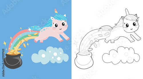 Cute cartoon unicorn coloring page. Coloring the unicorn celebrating the St. Patrick’s Day worksheet. Coloring activity for children. Printable educational coloring worksheet. Vector file.