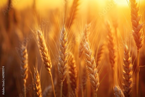 Wheat field. Ripening ears of wheat field. Rich harvest Concept. Ears of golden wheat. Rural Scenery under Shining Sunlight.