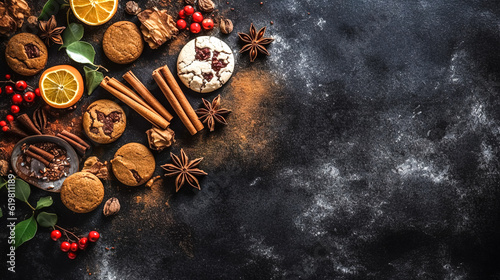Cookies and spices on a dark background, generative AI.