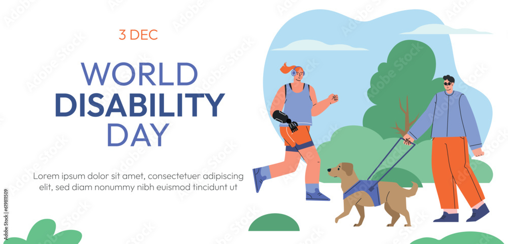 Web banner concept for World Disability day. People with Disability, International Day of Persons with Disabilities.Diversity and Inclusion. Flat vector illustration. Vector illustration Web banner concept for World Disability day. People with Disability, International Day of Persons with Disabilities.Diversity and Inclusion. Flat vector illustration. Vector illustration
