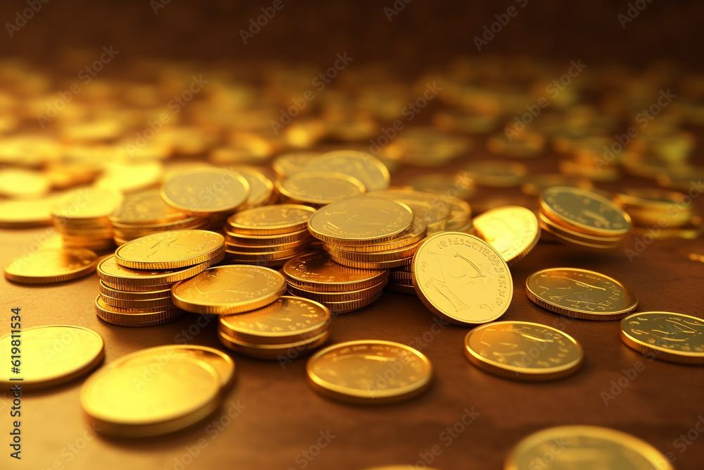 Collection of gold coins stacked collector render minimal background Collection of gold coins stacked collector render minimal background