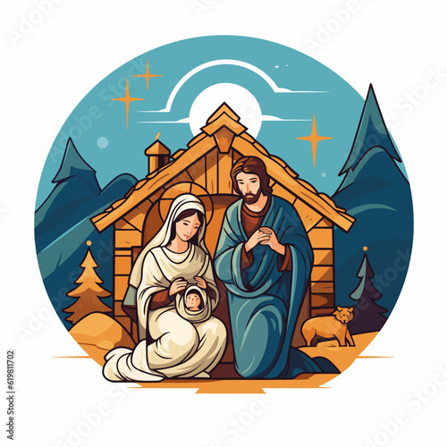 Holy Family Nativity Scene, Lettering Vector Illustration
