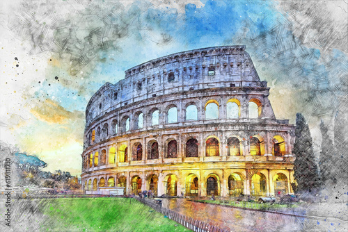 Colosseum watercolor view in Rome of Italy