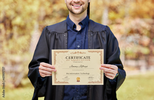 University, man and student with certificate in closeup with award at college for success in future. Graduation, man and diploma as achievement with education for degree in information technology.