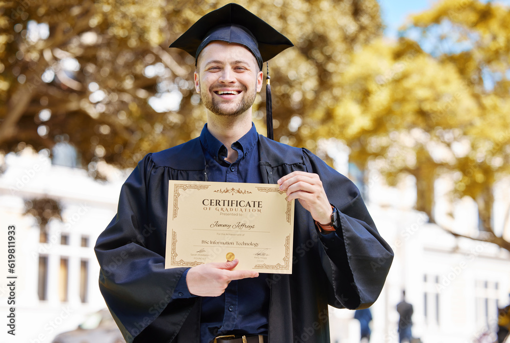 Wall Mural Portrait, graduate and holding certificate with man in with campus for achievement