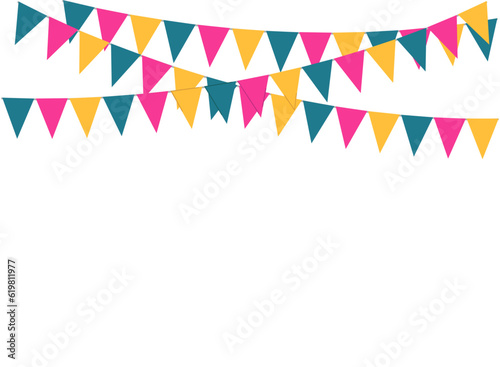 Multi-colored bright festive flags hanging on a rope. Set of three simple garlands with flags. Decoration for a holiday, birthday. Flat vector illustration isolated on transparent and white background