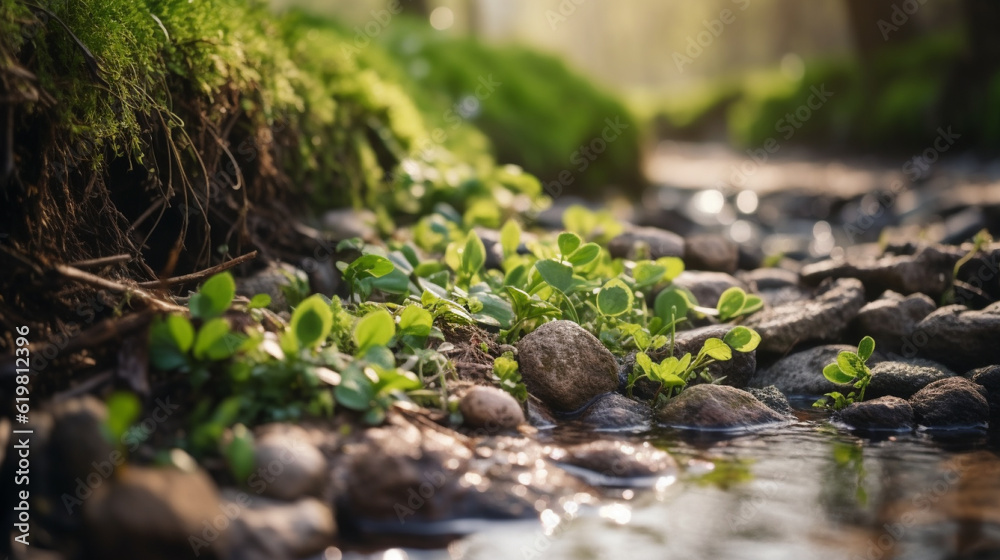 A stream of water surrounded by rocks and plants, Generative AI A stream of water surrounded by rocks and plants, Generative AI