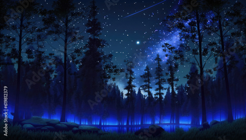 Forest landscape at night in anime style - Generative AI