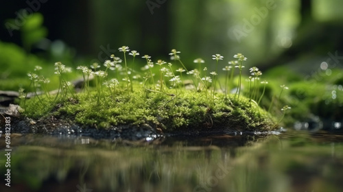 A stream of water surrounded by rocks and plants  Generative AI