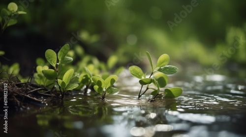 A stream of water surrounded by rocks and plants  Generative AI