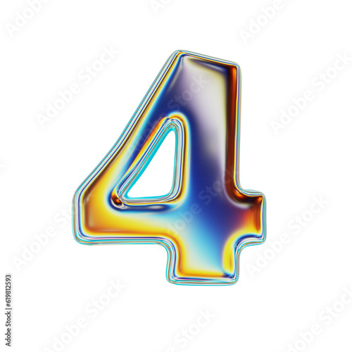 Colorful Metallic Holographic Number 4. Realistic 3D Render. Cut Out.
