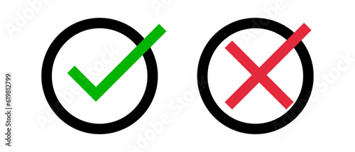 Check mark and cross mark icon set. Success and failure. Good and bad. Vector.