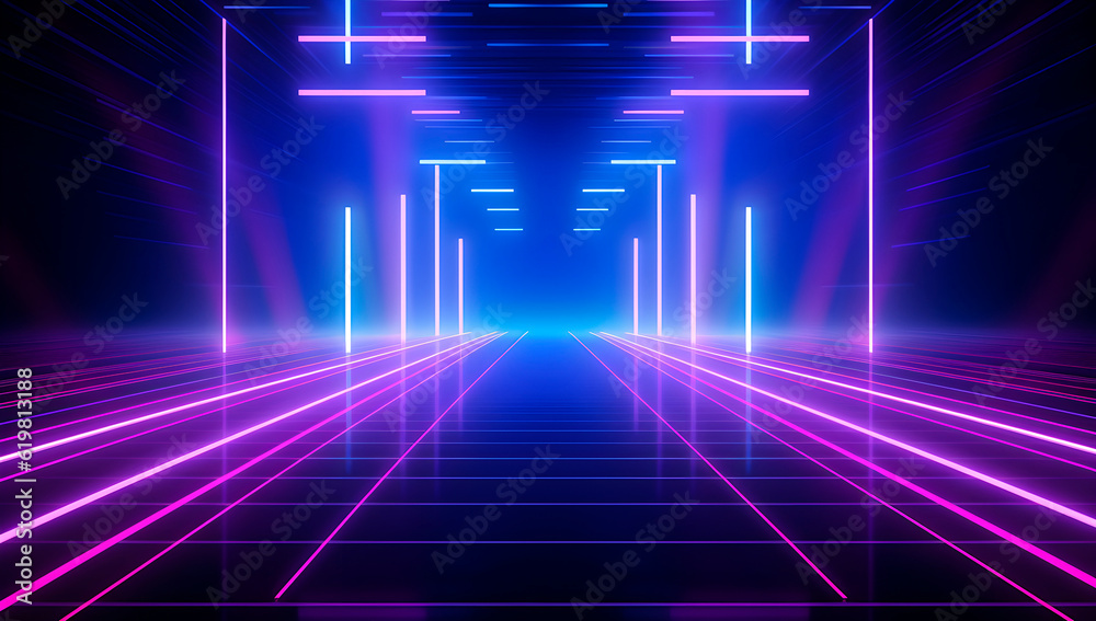 Abstract futuristic 3d neon glowing in the dark background, Neon lines or rays minimalist stage background. virtual cyberspace neon lighting wall. Generative AI. Abstract futuristic 3d neon glowing in the dark background, Neon lines or rays minimalist stage background. virtual cyberspace neon lighting wall. Generative AI.