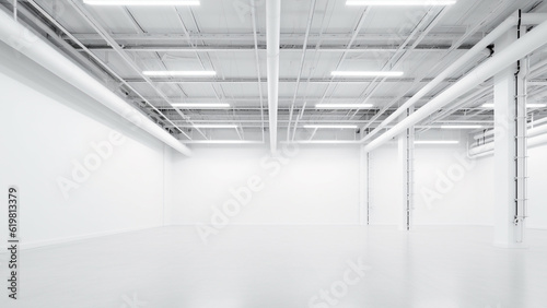 empty industrial factory with white minimal warehouse style. new and clean wall and floor for background. generative ai