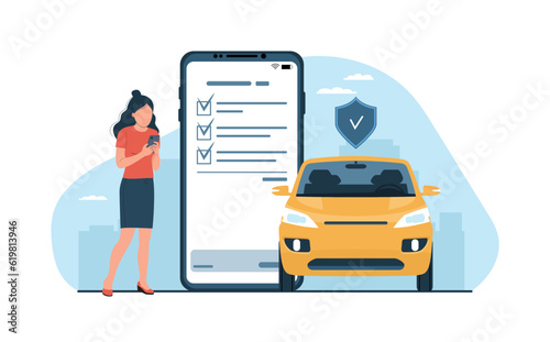 Car insurance concept. A woman draws up an insurance policy for a car online on a smartphone. Vector illustration.