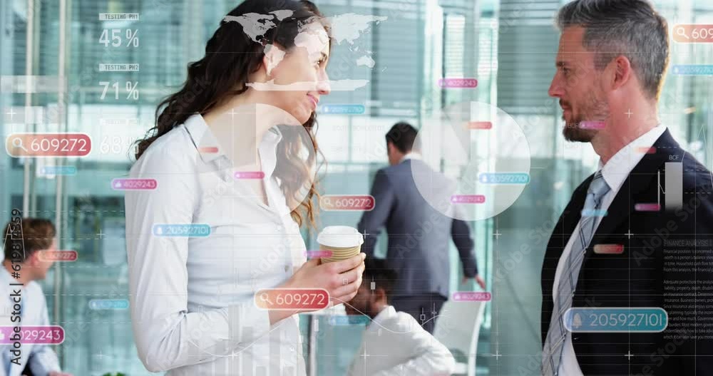 Animation of notification icons and graphs over cheerful caucasian colleagues talking in office Animation of notification icons and graphs over cheerful caucasian colleagues talking in office